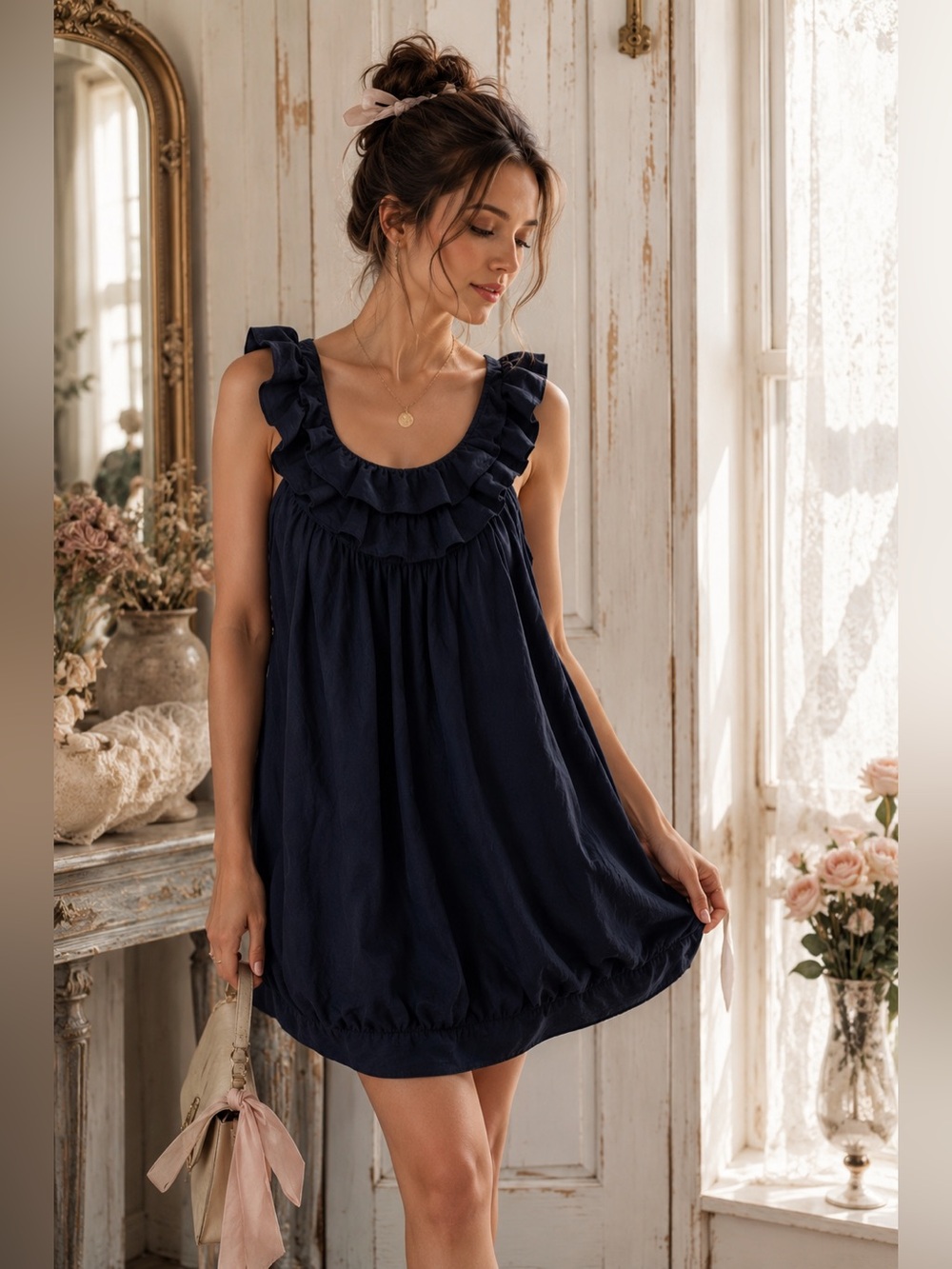Inspira Navy Babydoll Bubble Hem Mini Dress Ruffle Coquette Romantic Boho